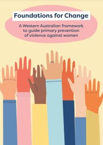 Image of the cover of Foundations for Change: A Western Australian framework to guide primary prevention of violence against women. The title is written in the top half and on the bottom is an illustration of multiple hands raised together.